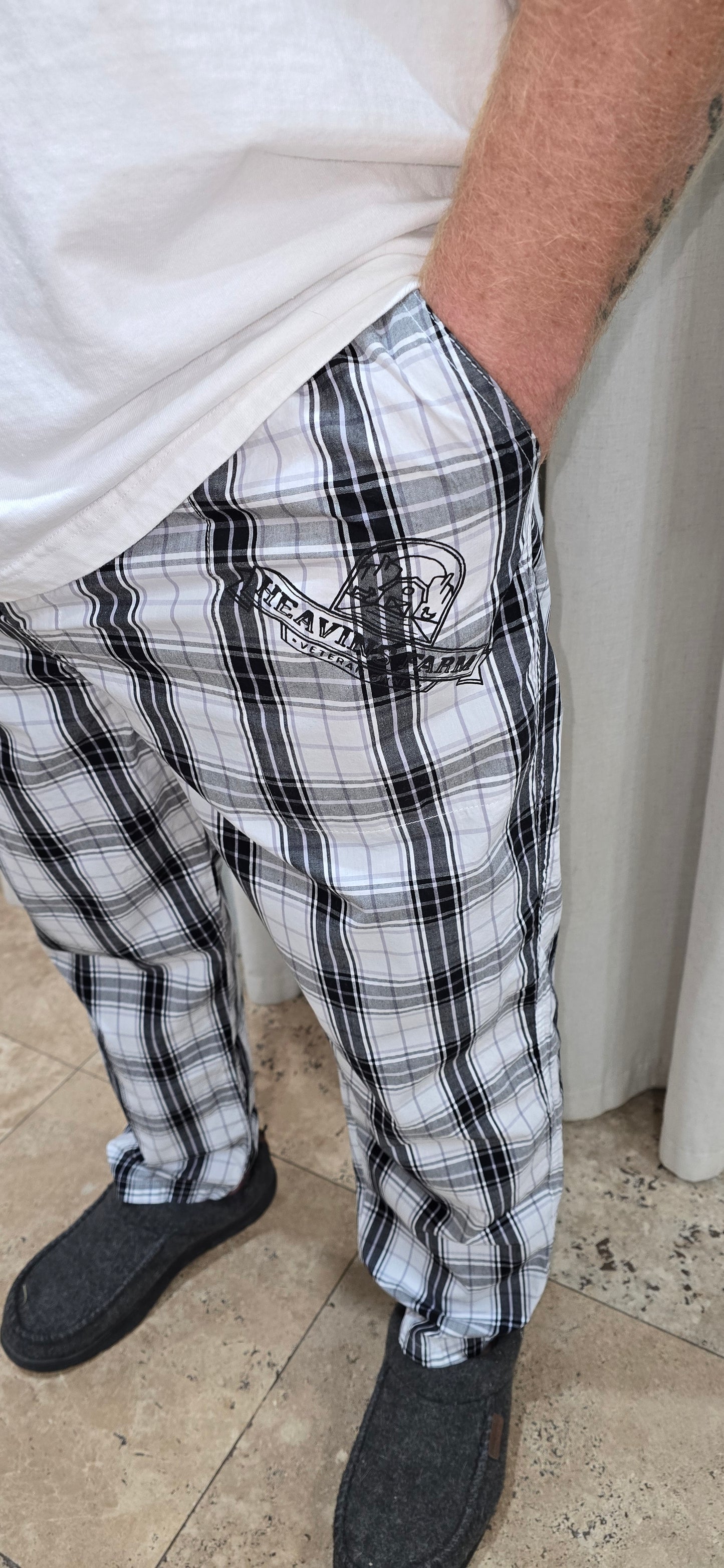 Men's Lounge pants (Black and White Plaid with Heavin's Farm LOGO)