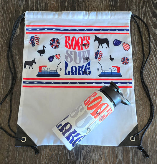 Drawstring Bag and Water Bottle COMBO- "Patriotic- "BOAT waves, SUN rays, LAKE days""
