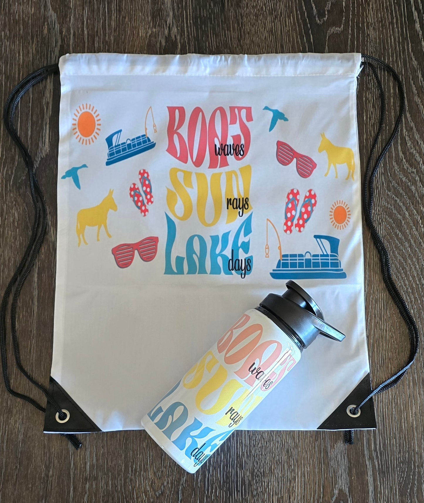 Drawstring Bag and Water Bottle COMBO- (Salmon, Yellow, Teal) "BOAT waves, SUN rays, LAKE days""