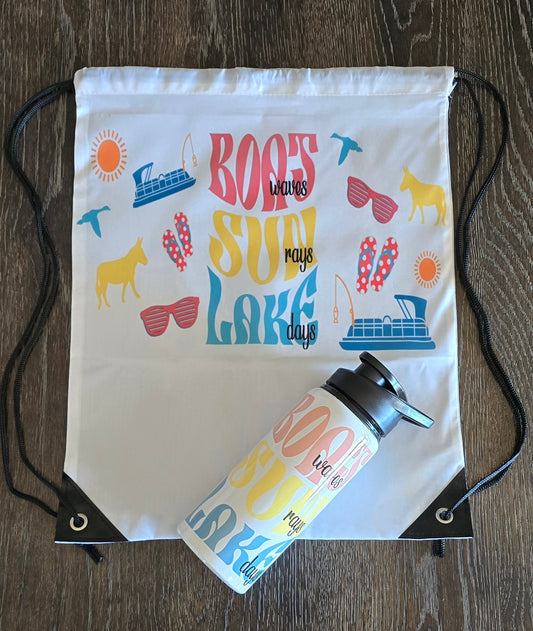 Drawstring Bag and Water Bottle COMBO- (Salmon, Yellow, Teal) "BOAT waves, SUN rays, LAKE days""