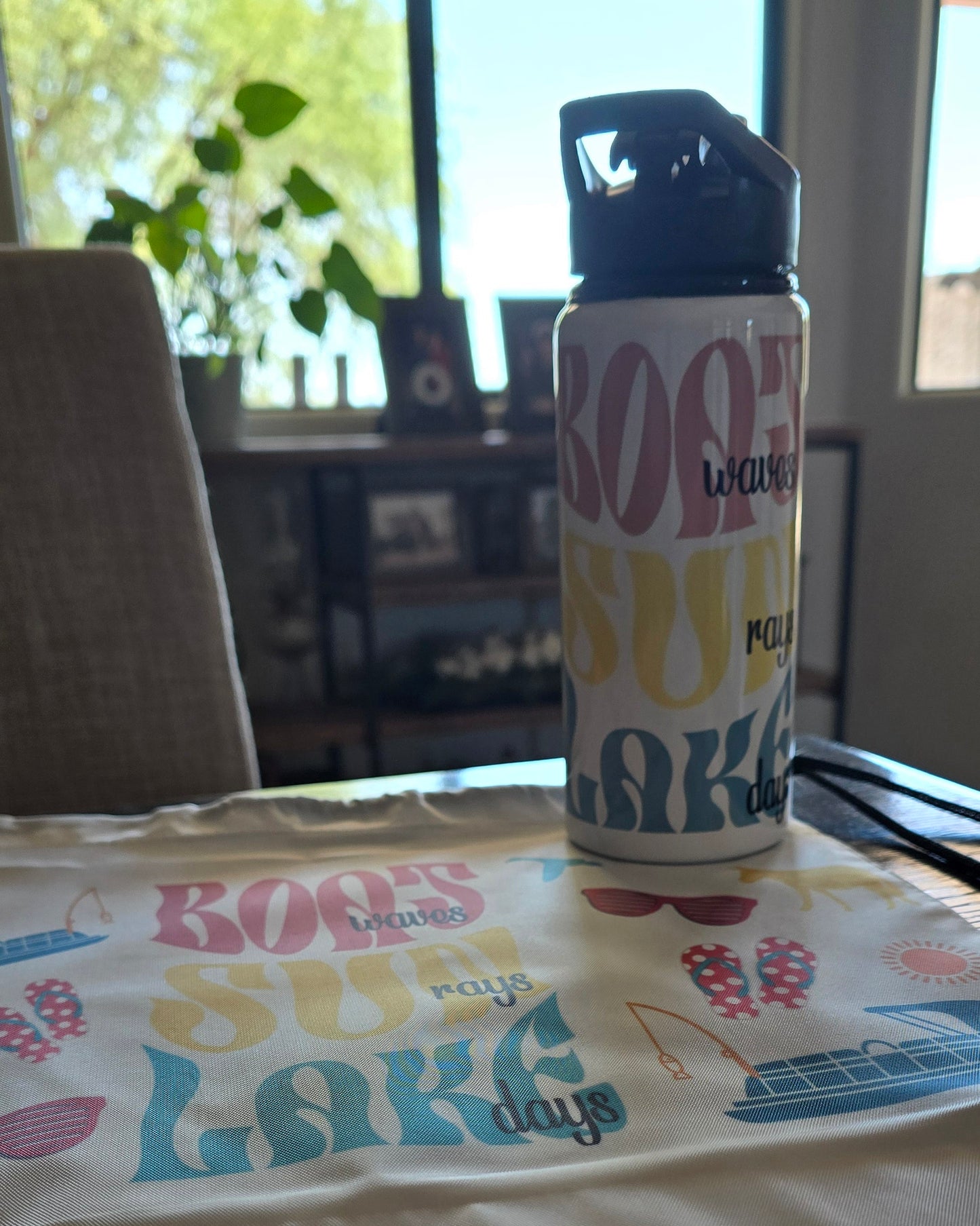 Drawstring Bag and Water Bottle COMBO- (Salmon, Yellow, Teal) "BOAT waves, SUN rays, LAKE days""