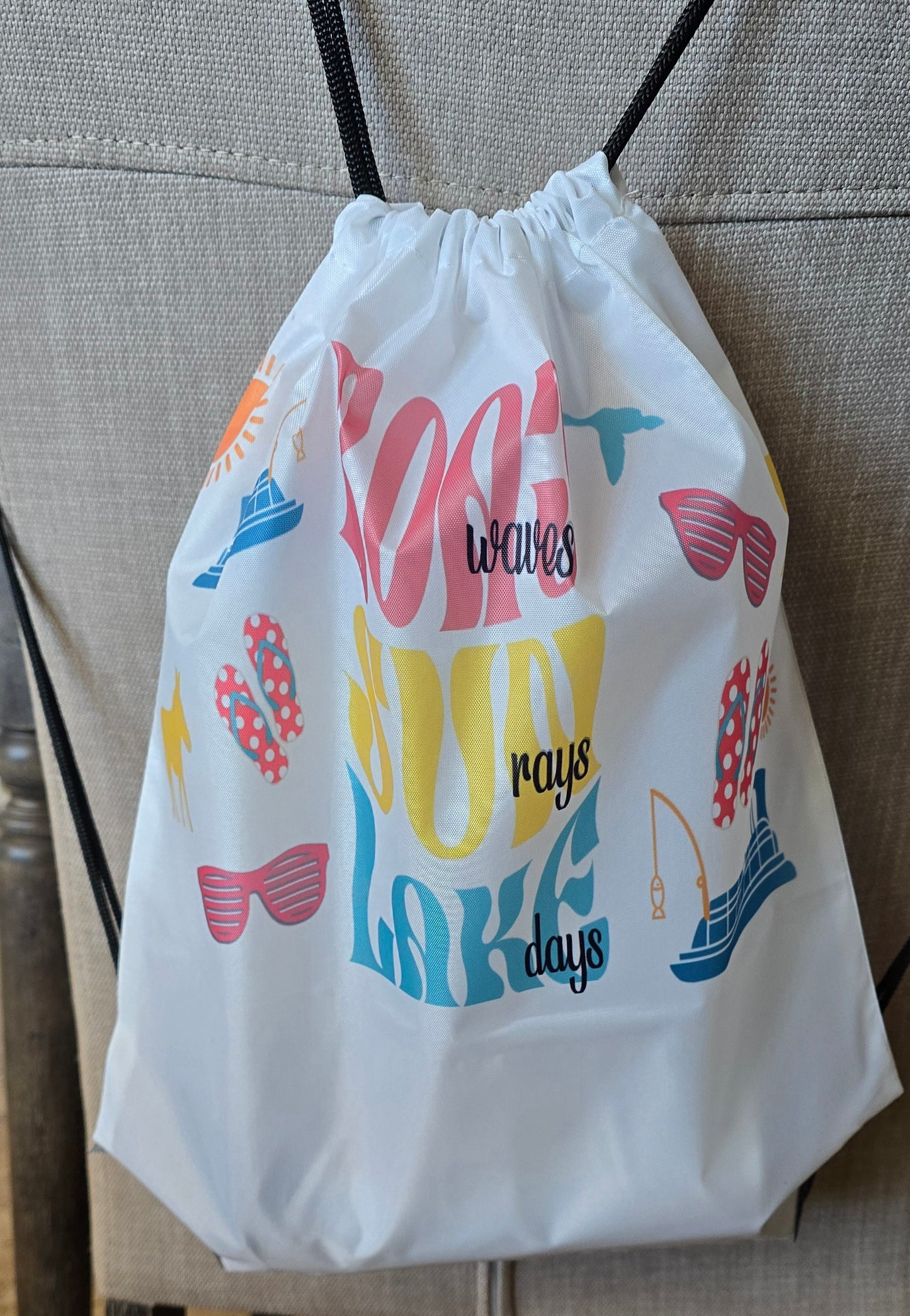 Drawstring Bag and Water Bottle COMBO- (Salmon, Yellow, Teal) "BOAT waves, SUN rays, LAKE days""