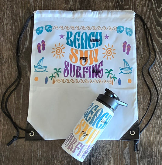 Drawstring Bag and Water Bottle COMBO- (Teal, Yellow, Purple) "BEACH waves, SUN rays, SURFING days"