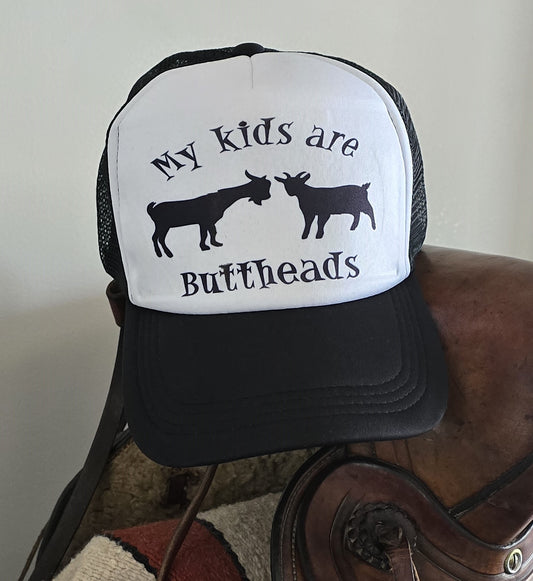 Funny Goat Hat | "My Kids are Buttheads" Black and White Cap | Humorous Farm Life Accessories