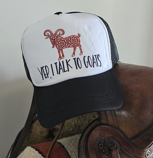 Artistic Goat Hat | "Yep, I Talk to Goats" Black and White Cap | Unique Farm Life Accessories