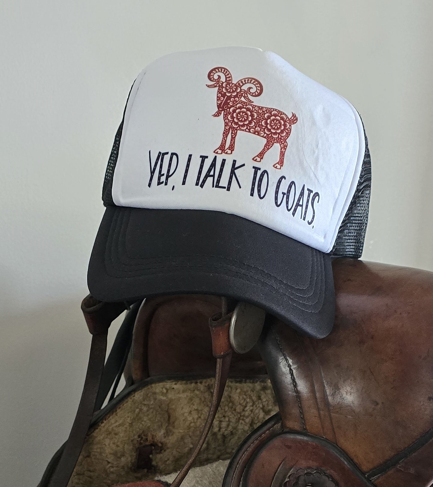 Artistic Goat Hat | "Yep, I Talk to Goats" Black and White Cap | Unique Farm Life Accessories