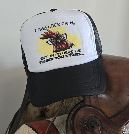 Funny Chicken Hat | "I May Look Calm, But in My Head I've Peck You 3 Times" Cap | Humorous Poultry Lover Accessory